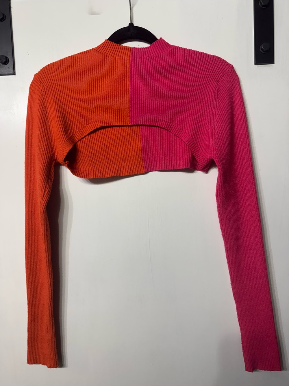 Almost Famous Orange and Hot Pink Ribbed Colorblock Cropped Shrug